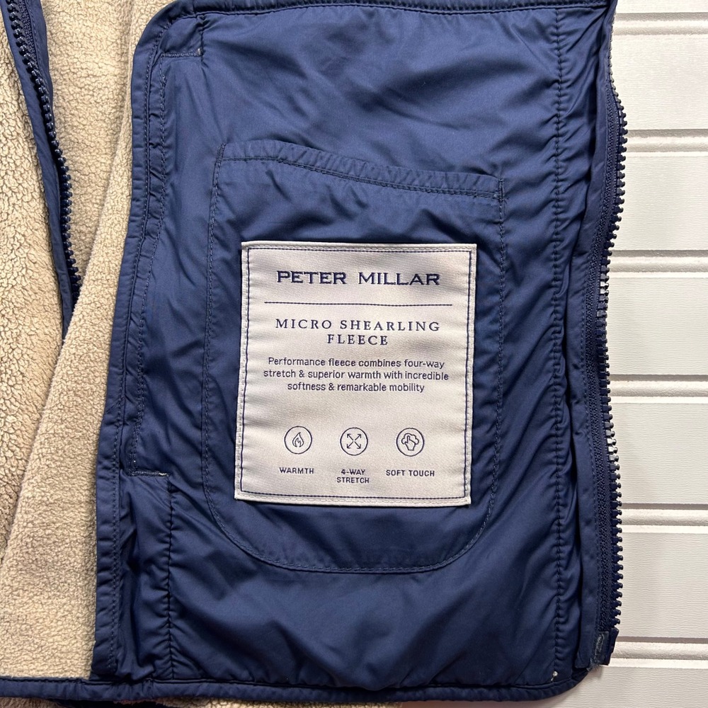 Peter Millar Crown Micro Shearling Fleece Vest Mens L Beechwood Tan Navy Quilted - Picture 11 of 16